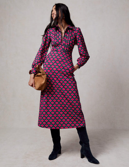 Piping Zip-up Ponte Dress-Bright Pink, Lotus Stamp