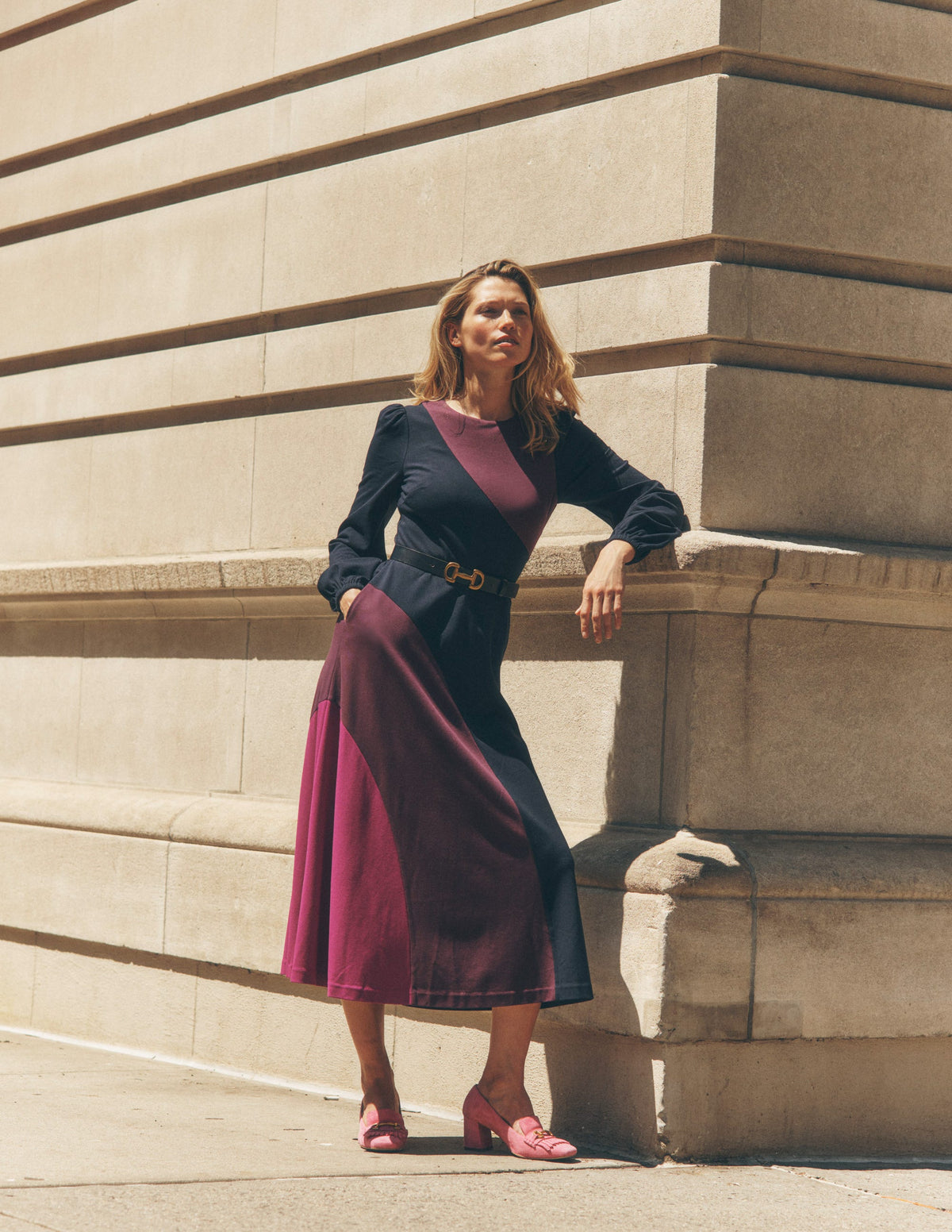 Crew Neck Ponte Dress-Navy, Damson Colourblock - Image 5