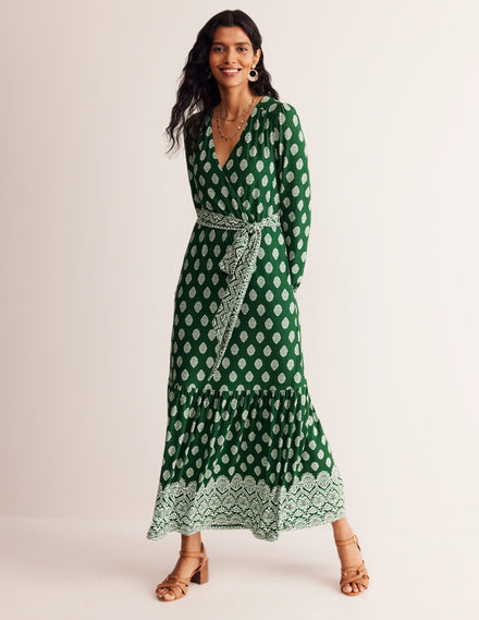 Ophelia Wrap Midi Jersey Dress-Pine, Ornate Stamp