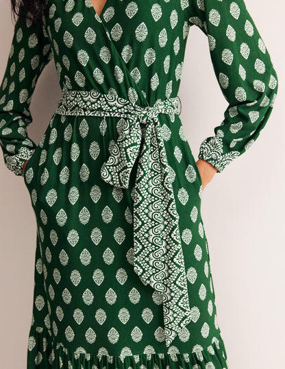 Ophelia Wrap Midi Jersey Dress-Pine, Ornate Stamp