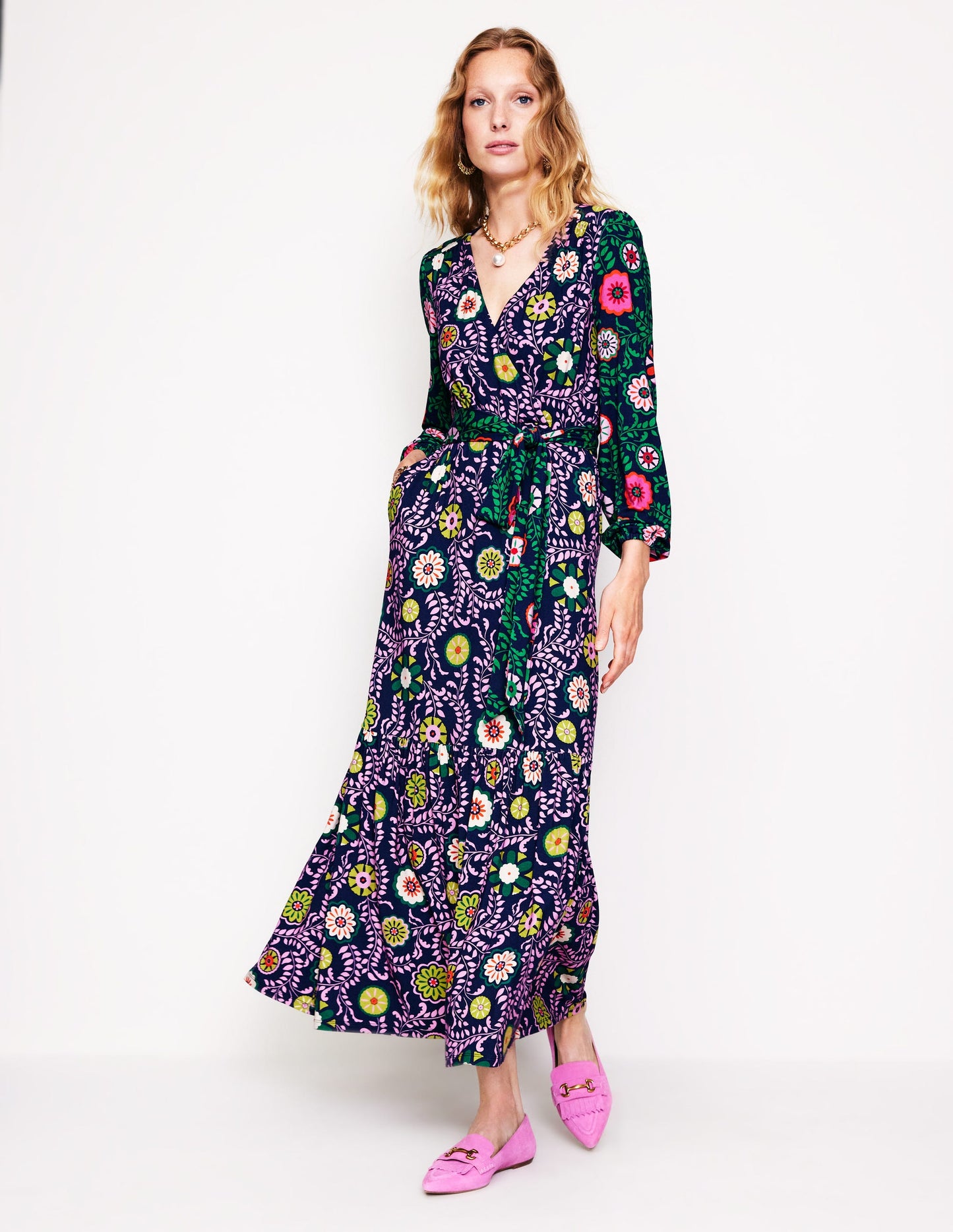 Ophelia Wrap Midi Jersey Dress-Multi, Meadow Vine