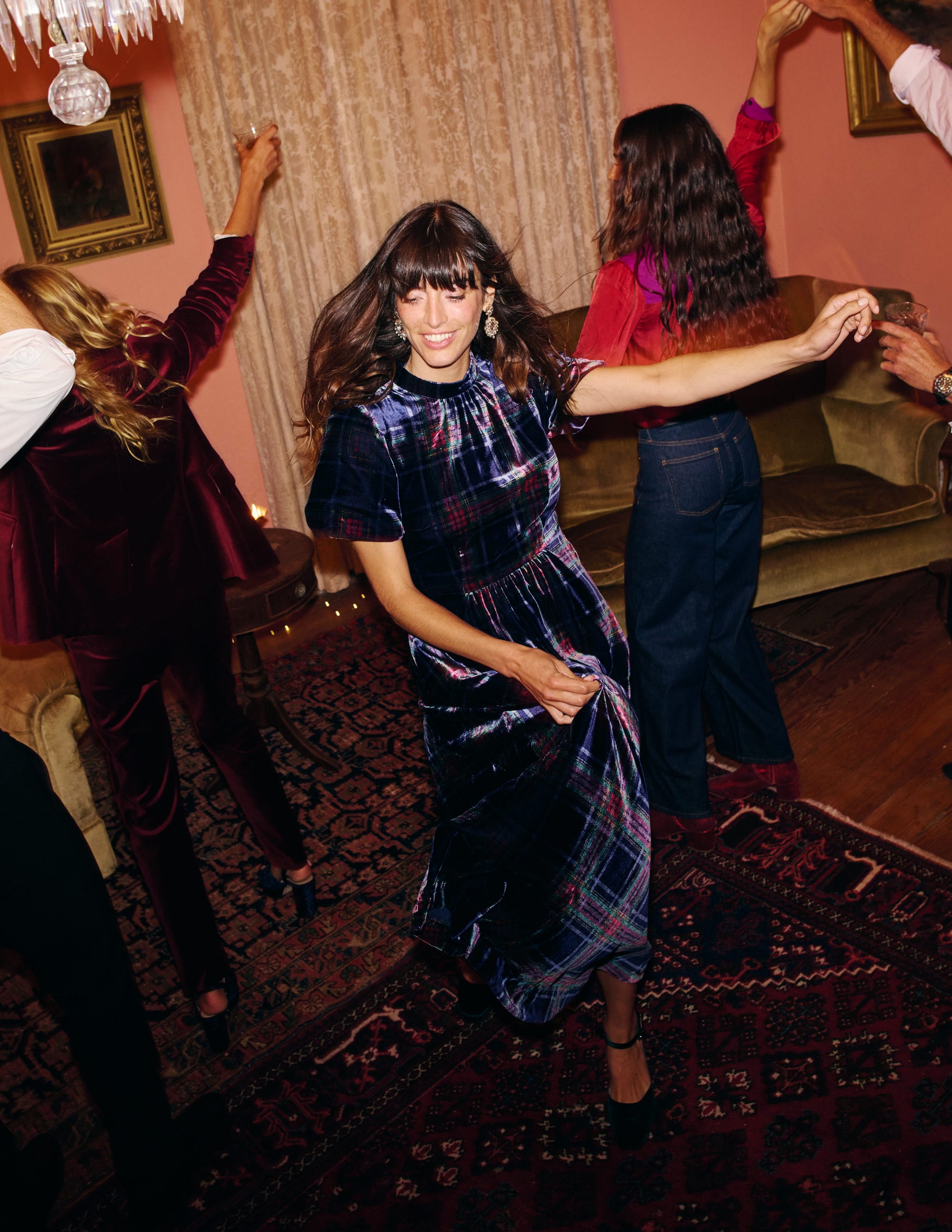 High Neck Velvet Dress-Navy and Red Check - Image 5