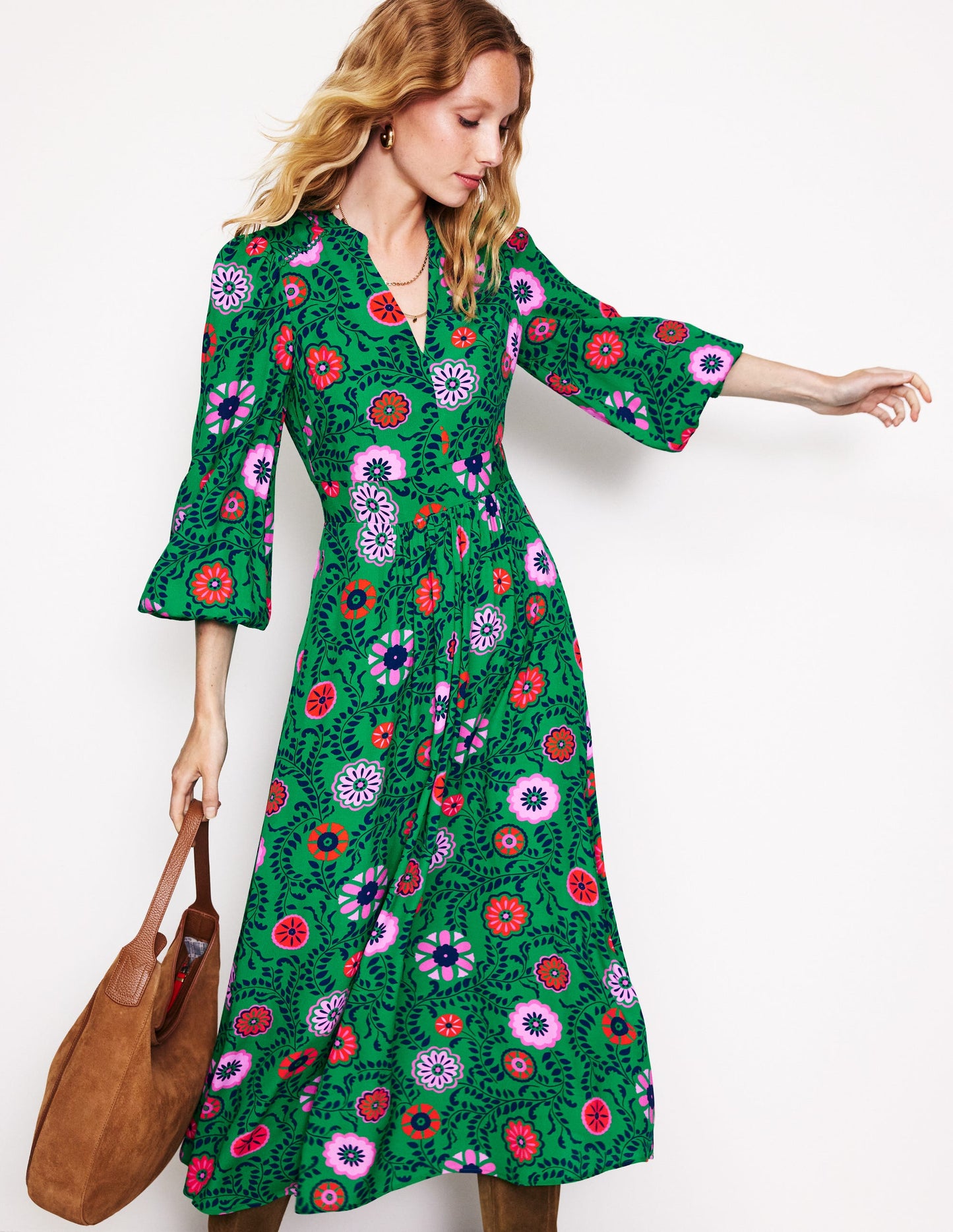 Zoe Trim Detail Midi Dress-Rich Emerald, Meadow Vine