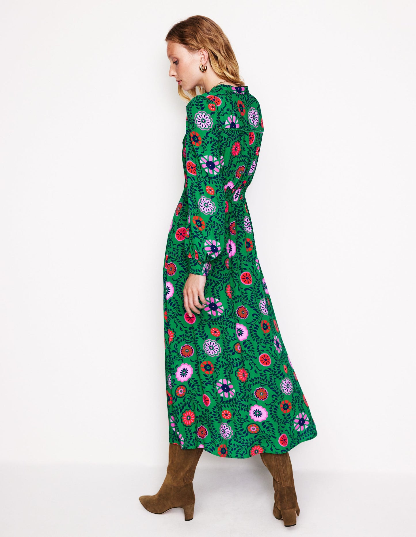 Zoe Trim Detail Midi Dress-Rich Emerald, Meadow Vine