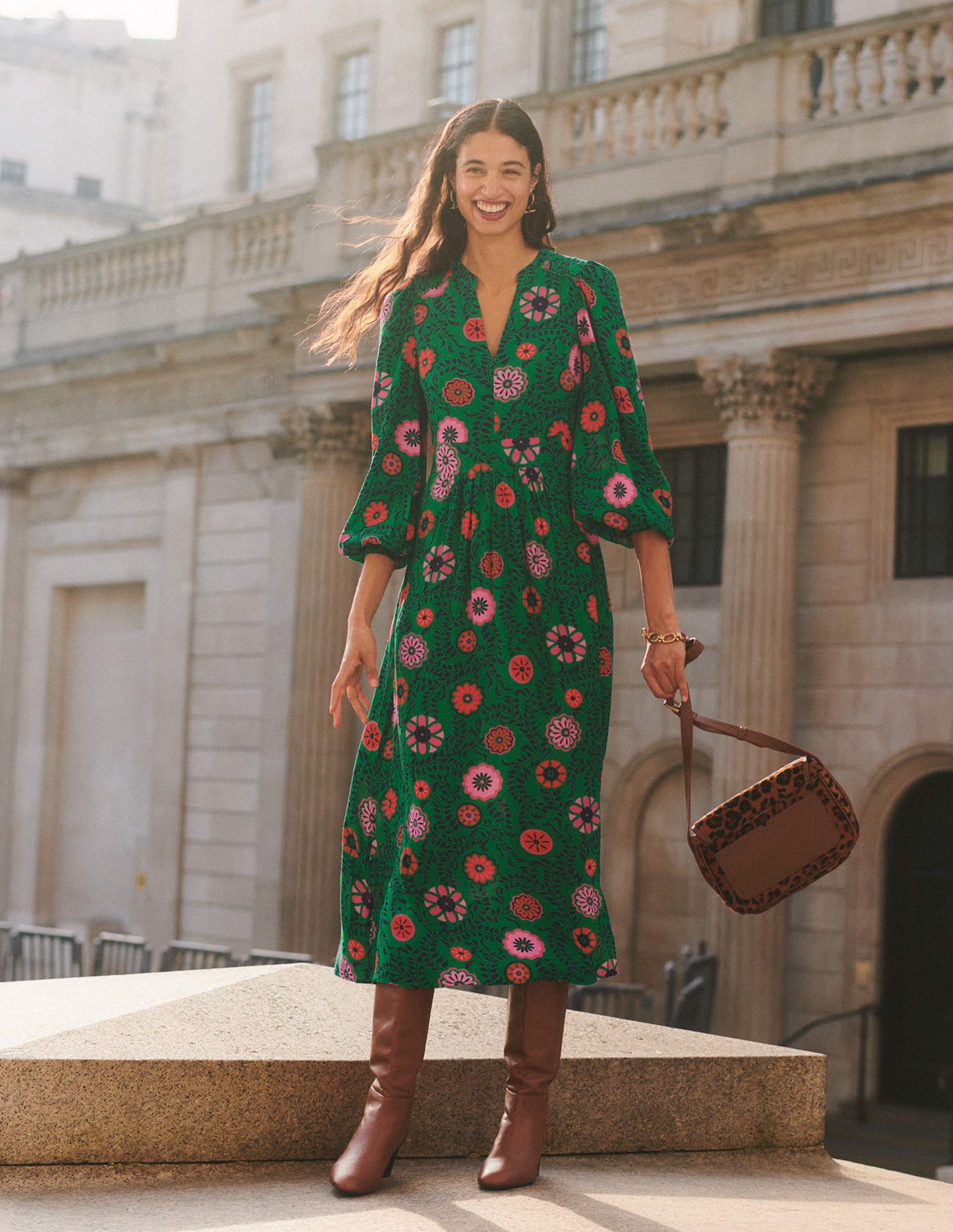 Zoe Trim Detail Midi Dress-Rich Emerald, Meadow Vine