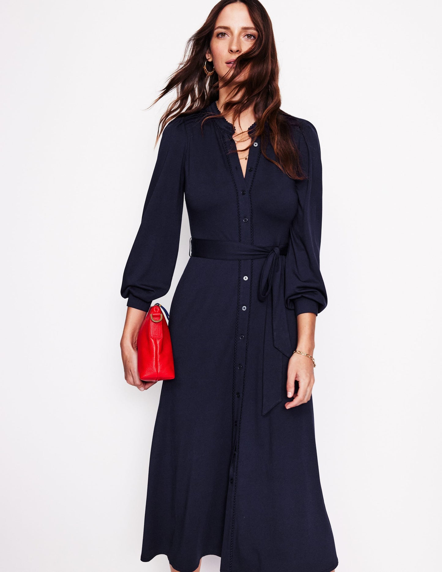 Rowena Trim Jersey Shirt Dress-Navy