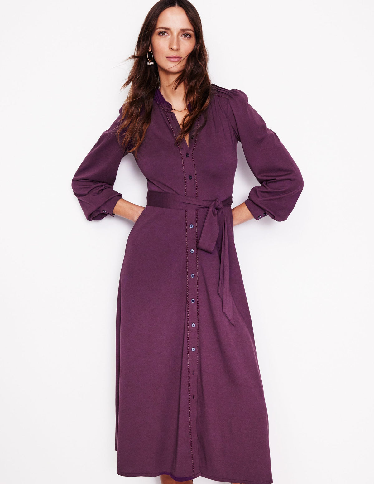 Rowena Trim Jersey Shirt Dress-Damson - Image 4