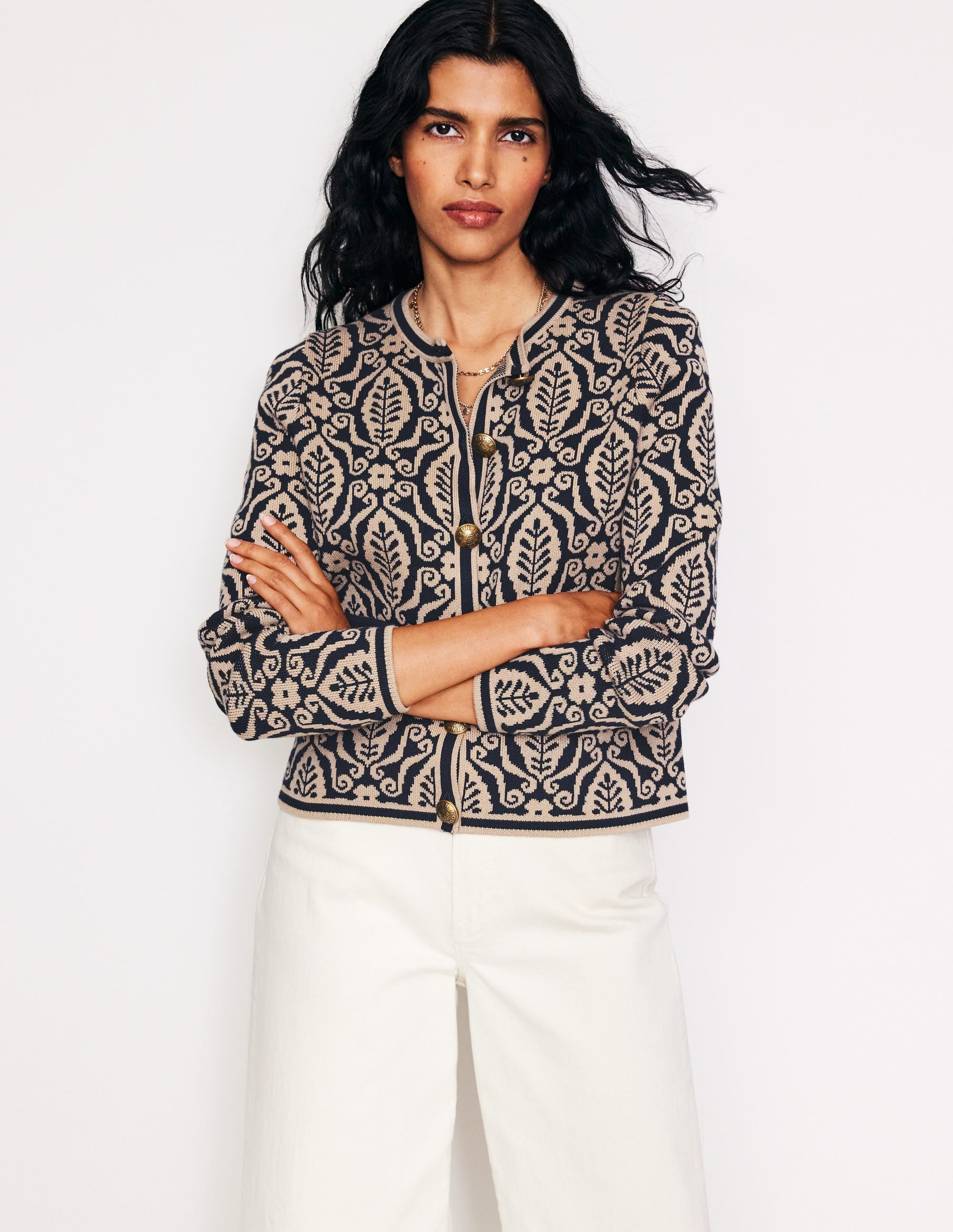 Holly Knitted Jacket-Navy, Camel Foliage Stamp - Image 1