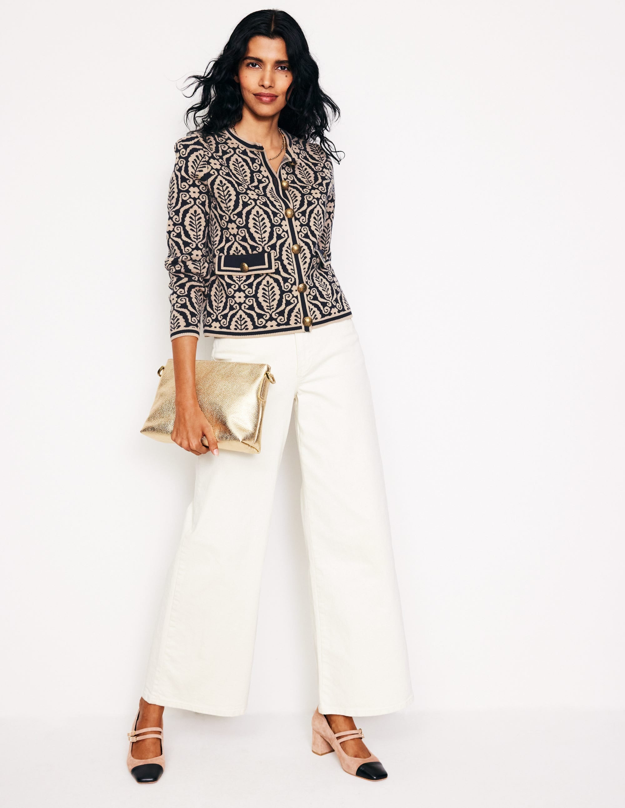 Holly Knitted Jacket-Navy, Camel Foliage Stamp - Image 4