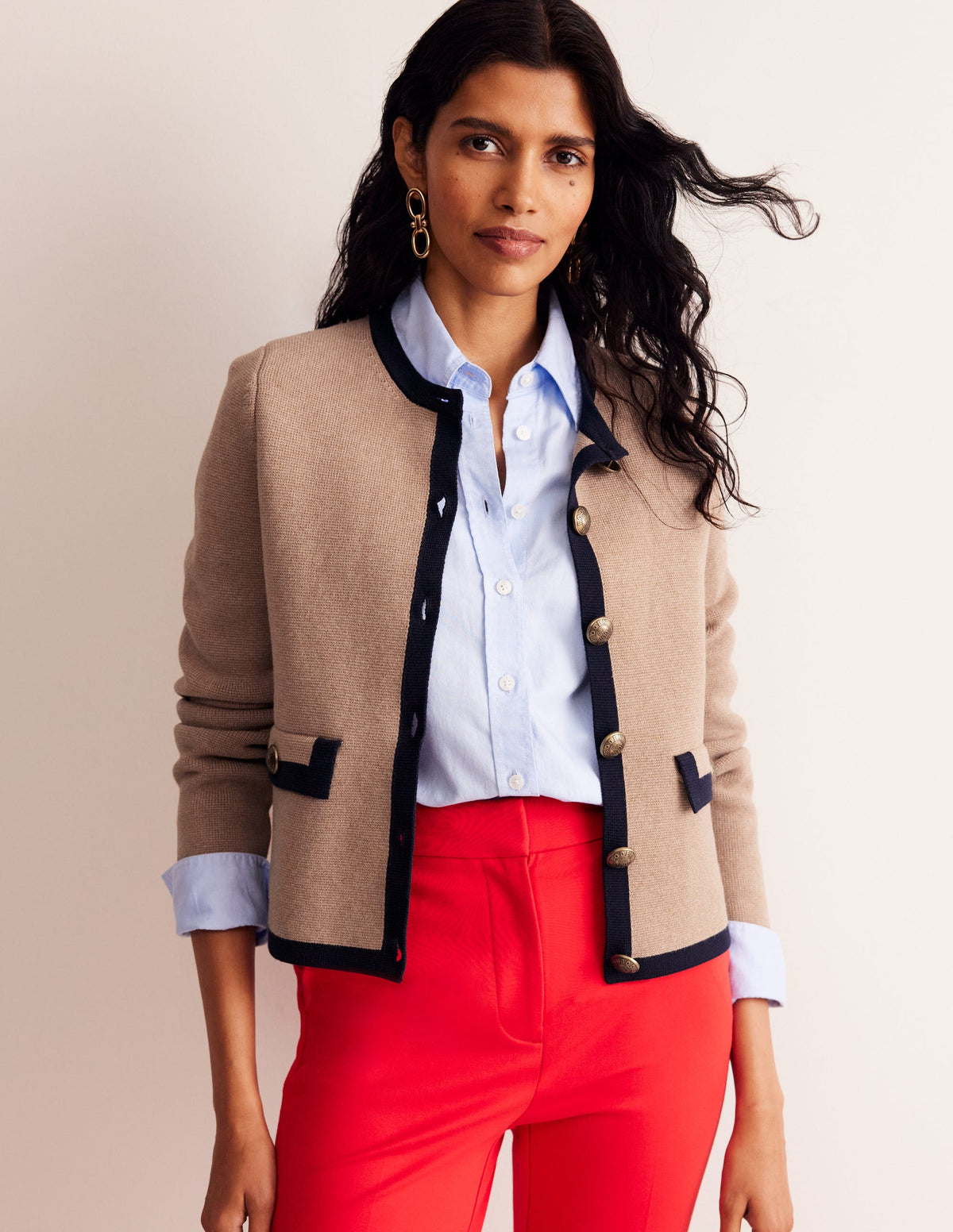 Holly Knitted Jacket-Camel, Navy - Image 1