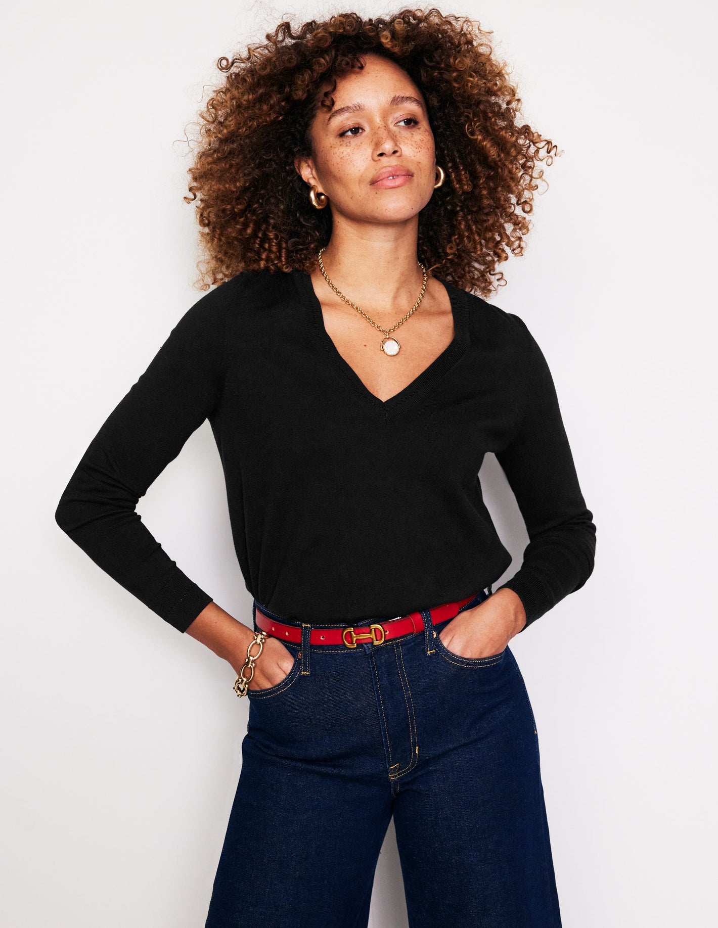 Catriona Cotton V-Neck Sweater-Black