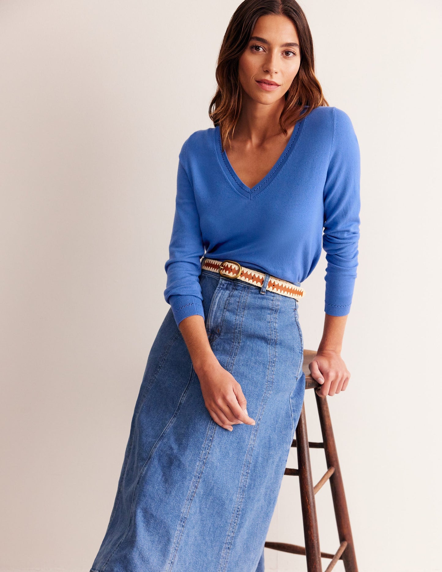 Catriona Cotton V-Neck Sweater-Blue Jay