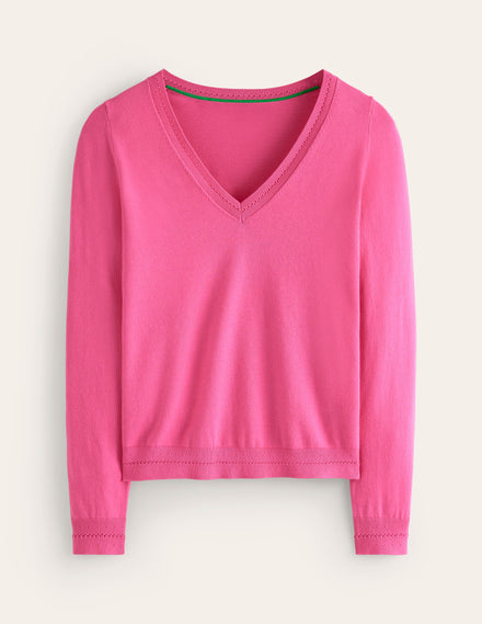 Catriona Cotton V-Neck Sweater-Carmine Rose Pink