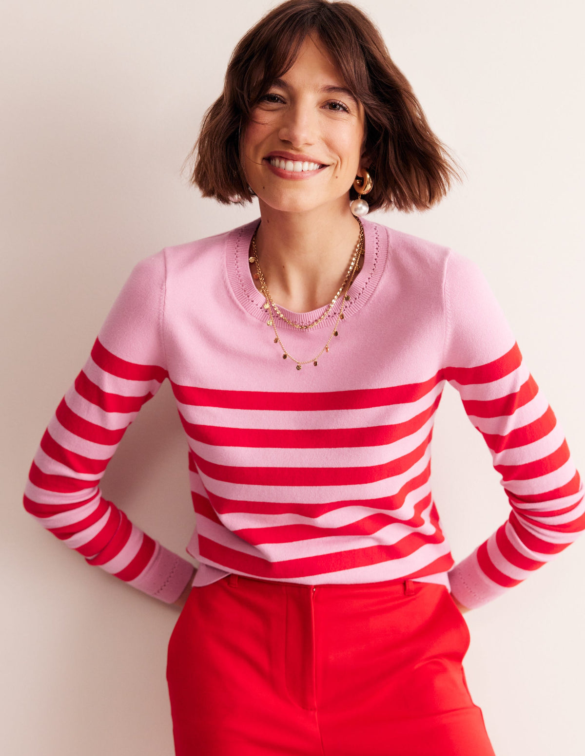 Catriona Cotton Crew Jumper-Old Rose Pink, Rouge Red - Image 1