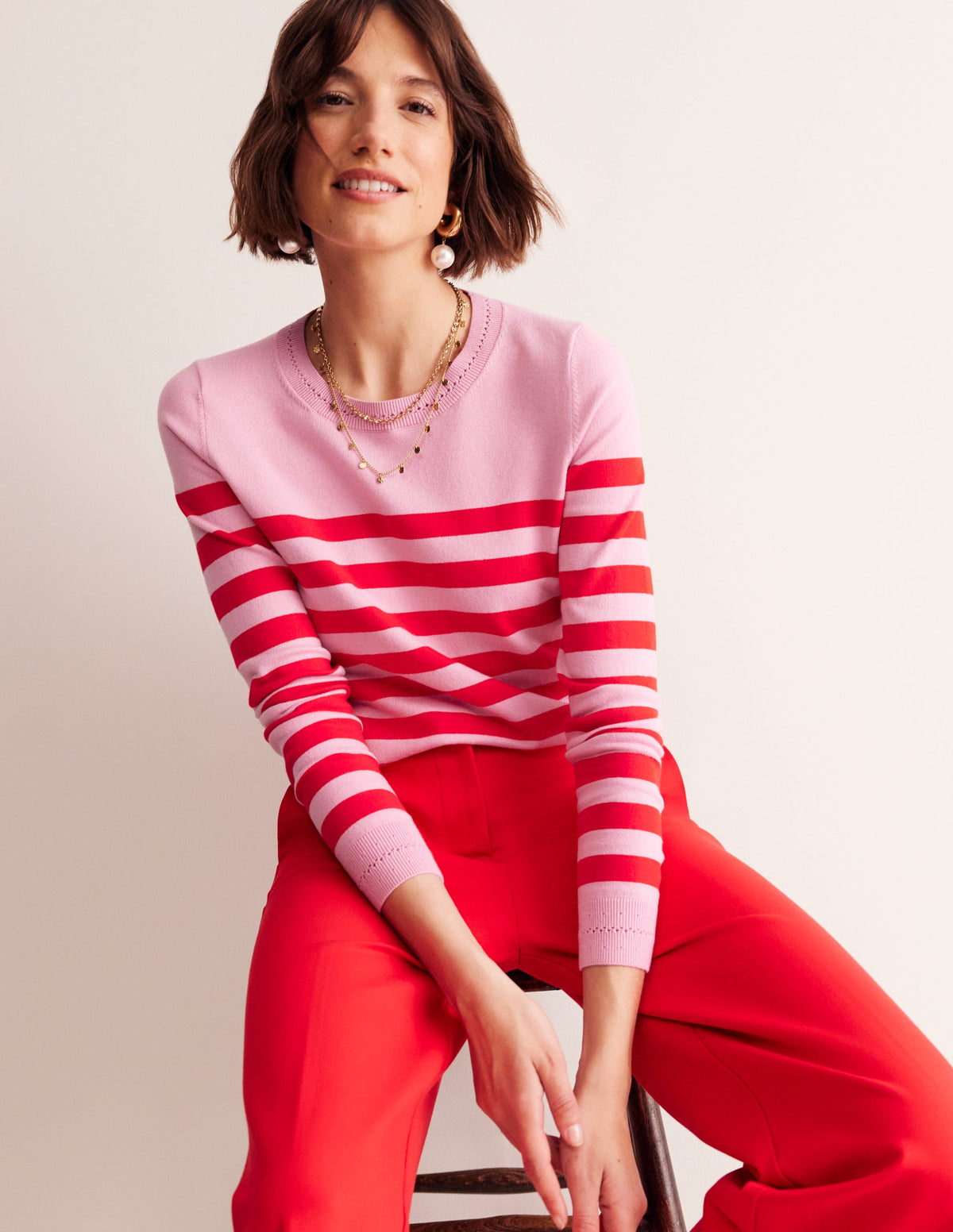 Catriona Cotton Crew Jumper-Old Rose Pink, Rouge Red - Image 4