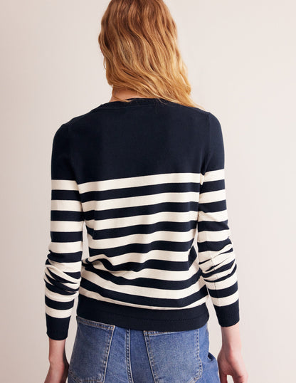 Catriona Cotton Crew Sweater-Navy/ Ivory