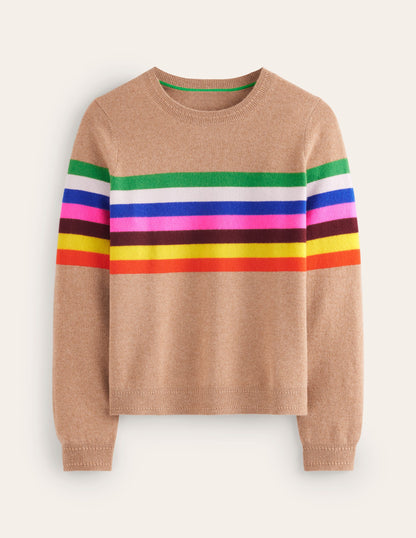 Eva Cashmere Crew Neck Sweater-Camel Melange, Rainbow