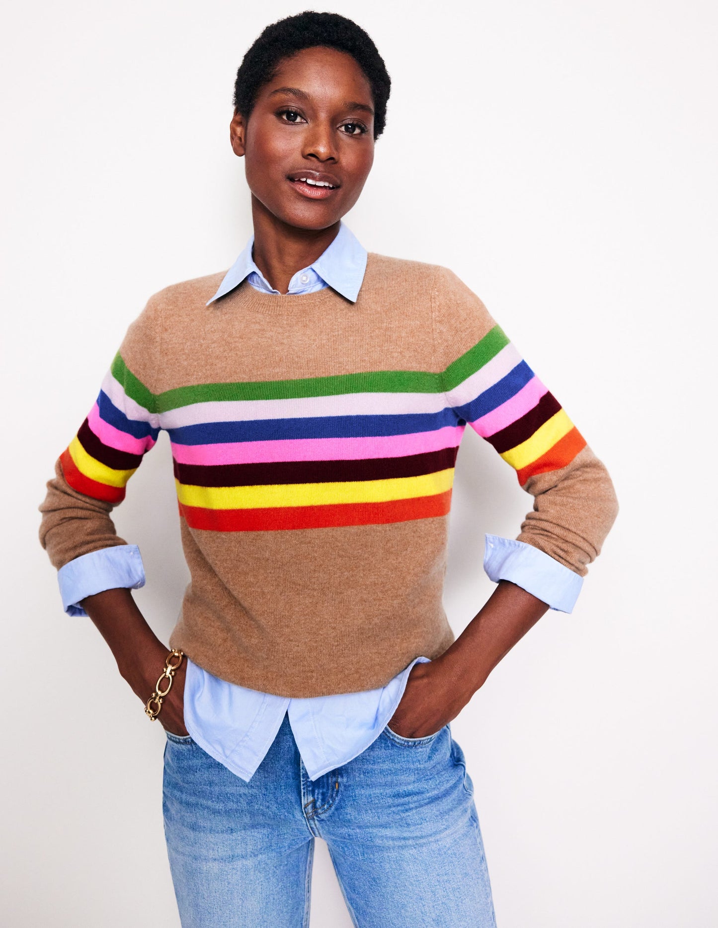 Eva Cashmere Crew Neck Sweater-Camel Melange, Rainbow