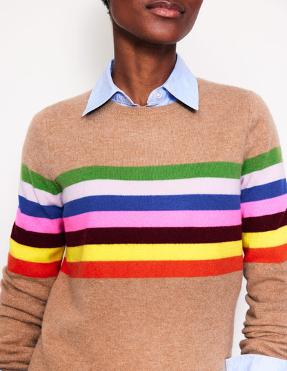 Eva Cashmere Crew Neck Sweater-Camel Melange, Rainbow