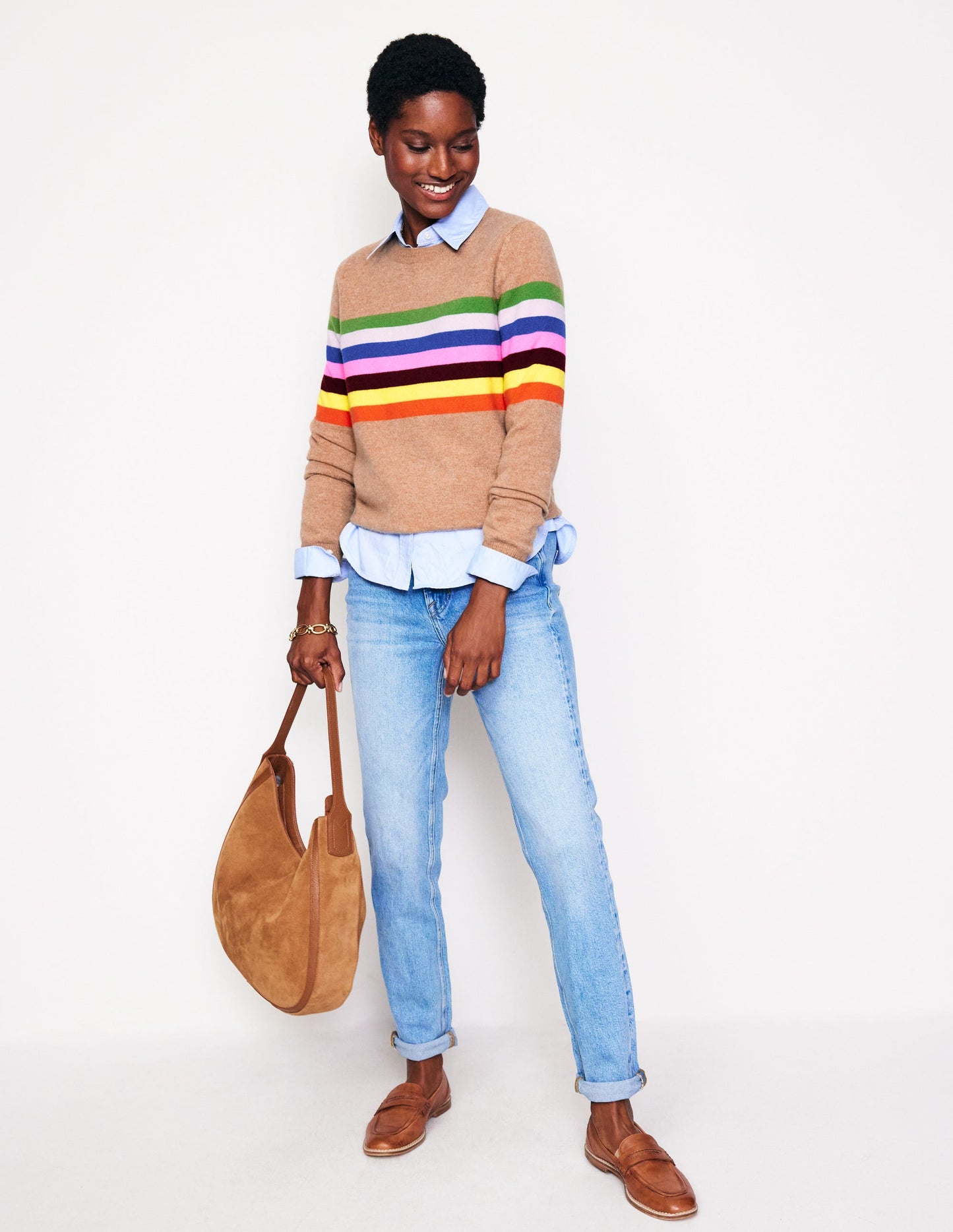 Eva Cashmere Crew Neck Sweater-Camel Melange, Rainbow