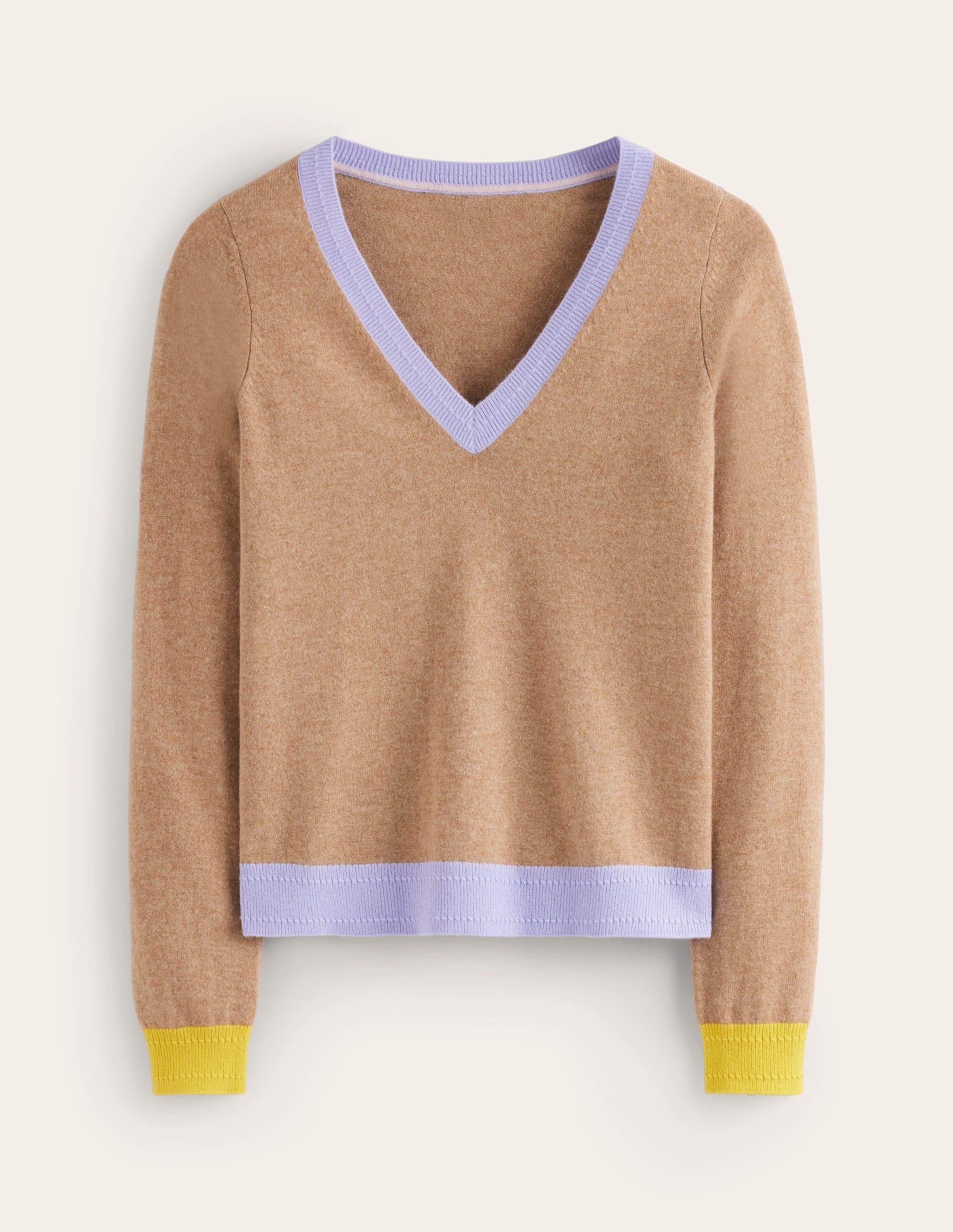 Eva Cashmere V-Neck Sweater-Camel Melange Colour Block - Image 5