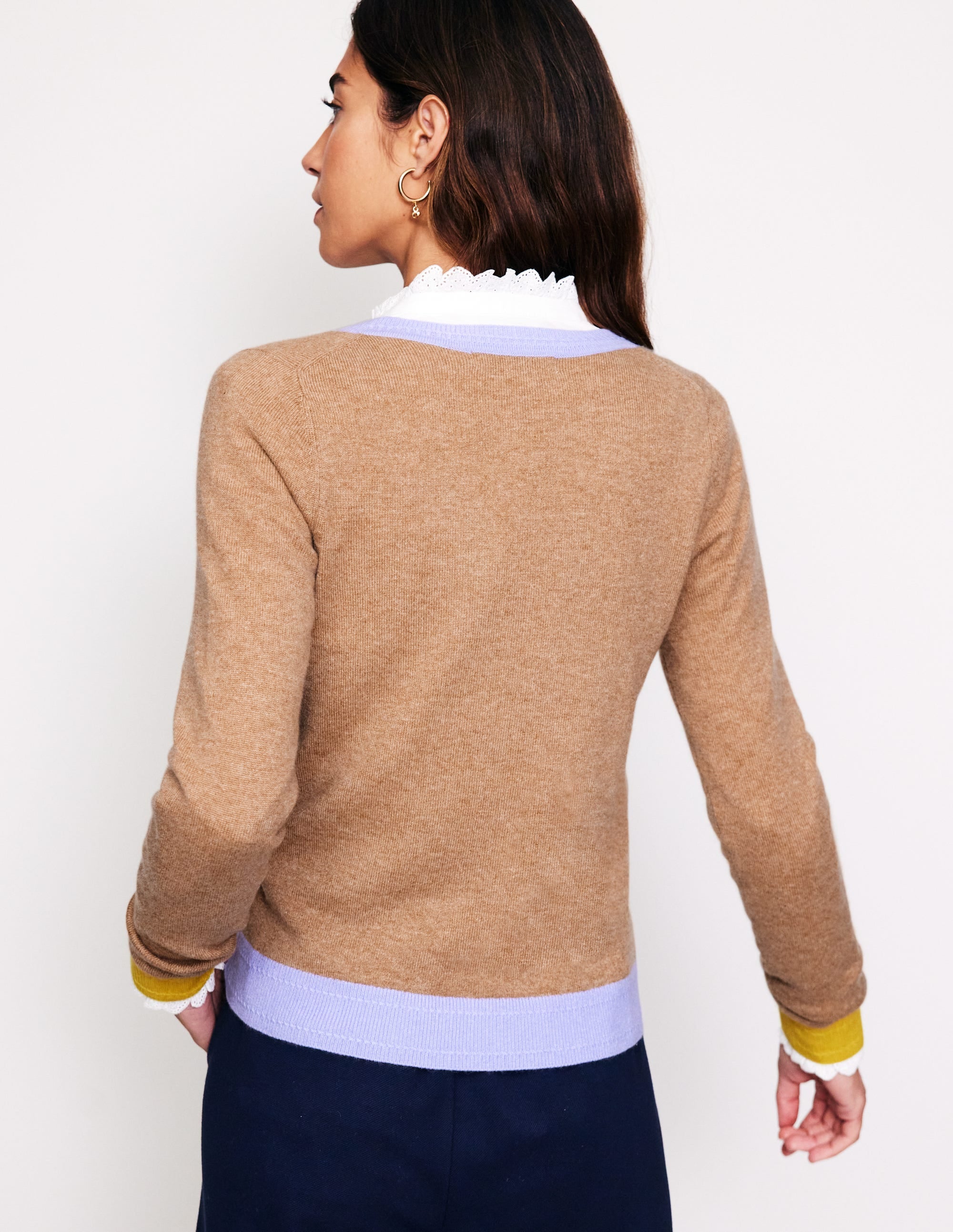 Eva Cashmere V-Neck Sweater-Camel Melange Colour Block - Image 3