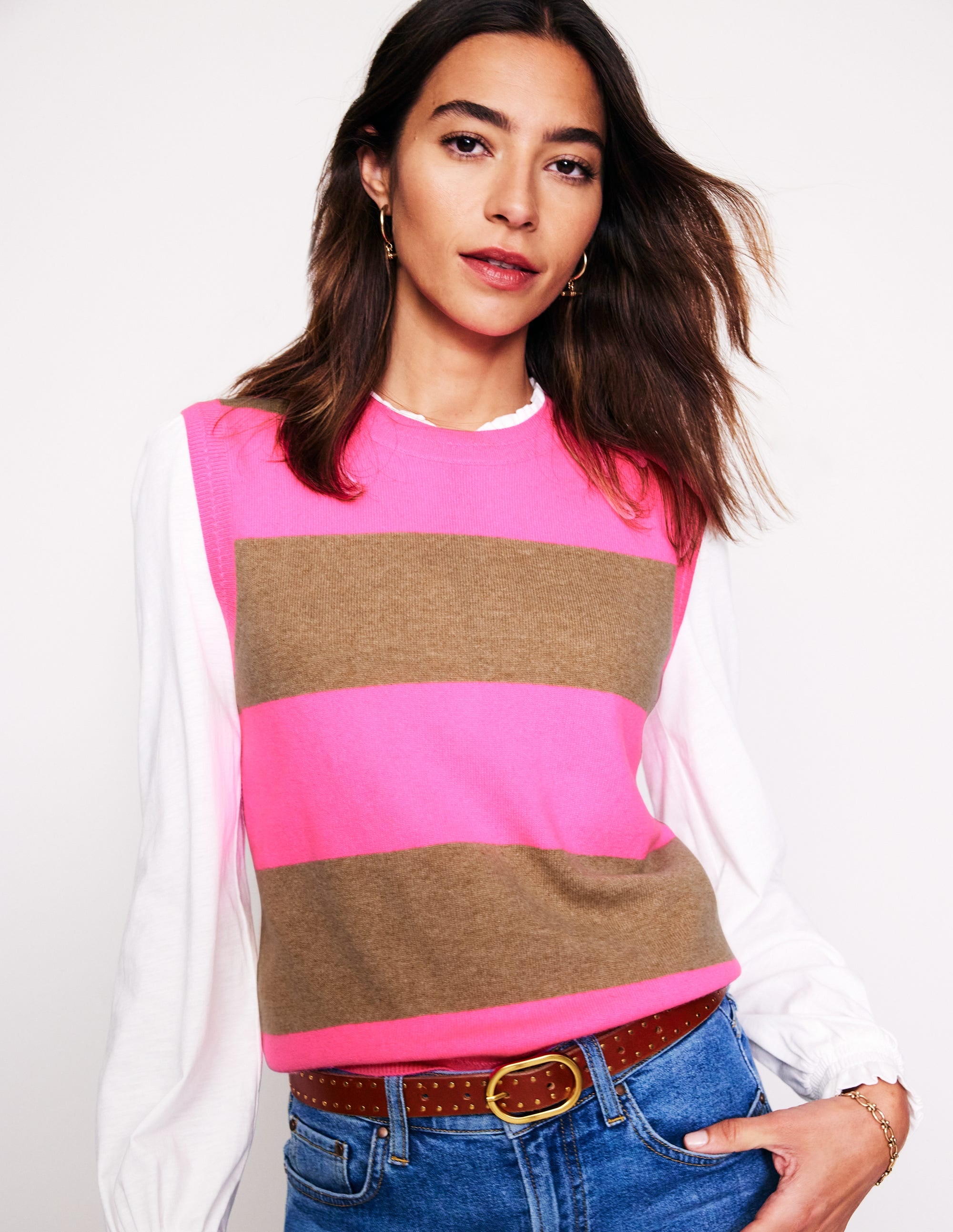 Eva Cashmere Vest-Camel Melange/ Fluro Pink - Image 1