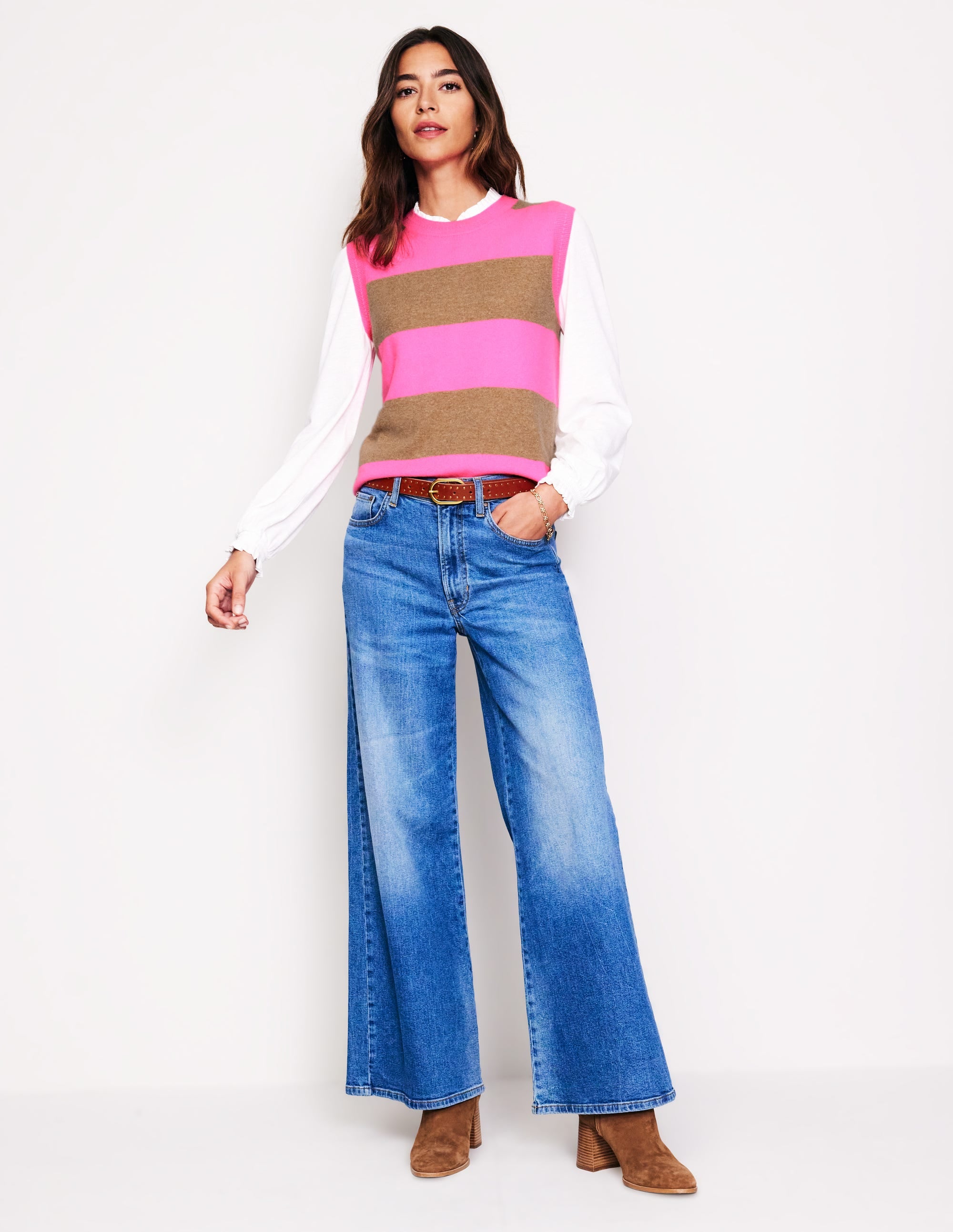 Eva Cashmere Vest-Camel Melange/ Fluro Pink - Image 4