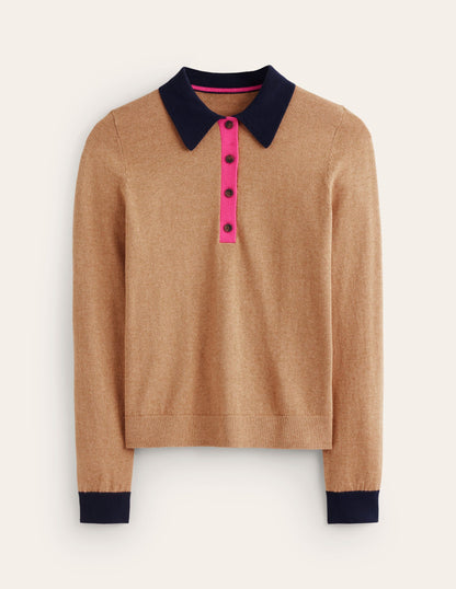 Cotton Blend Henley Sweater-Camel Melange