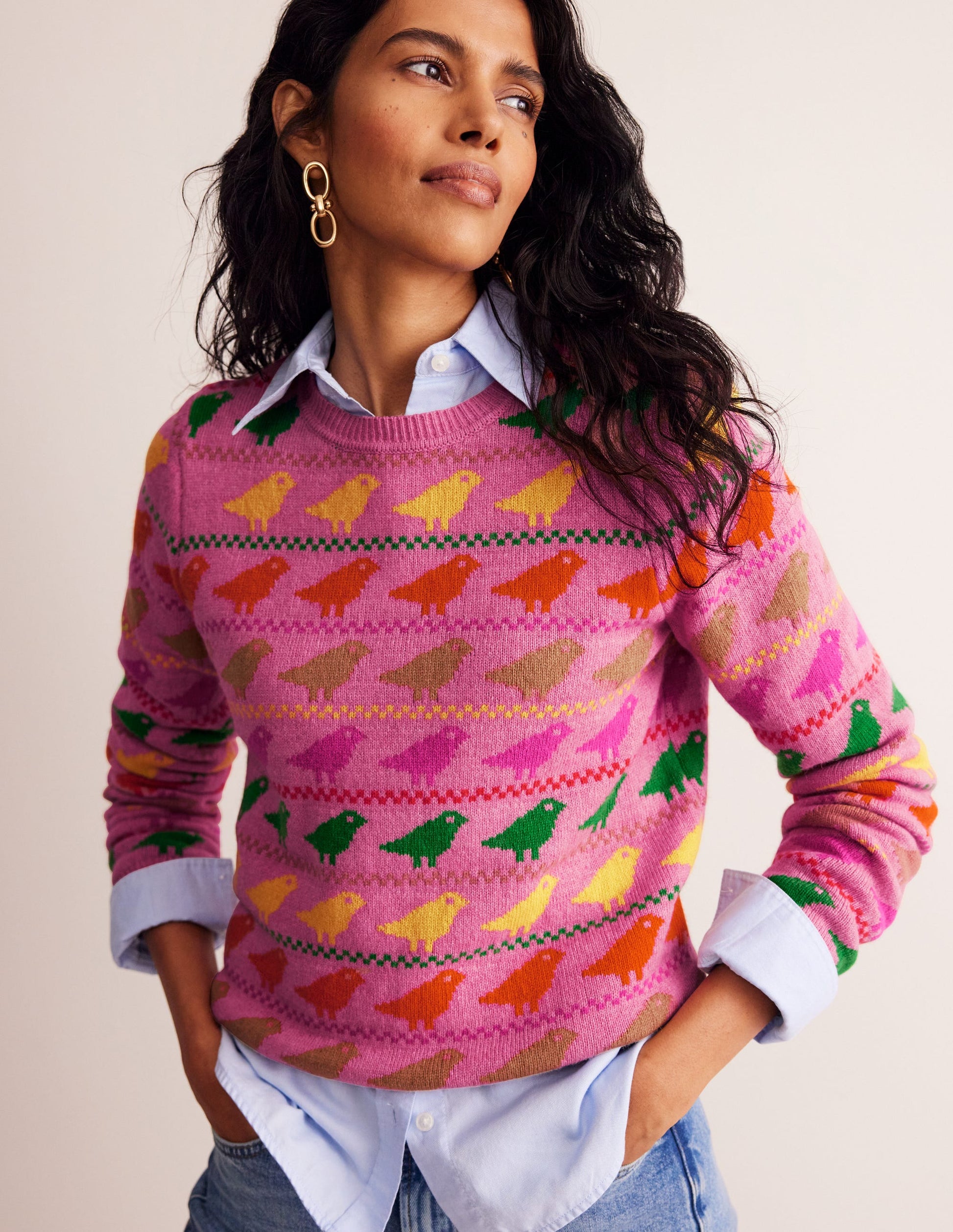 Edie Fair Isle Sweater-Pink Birds-1