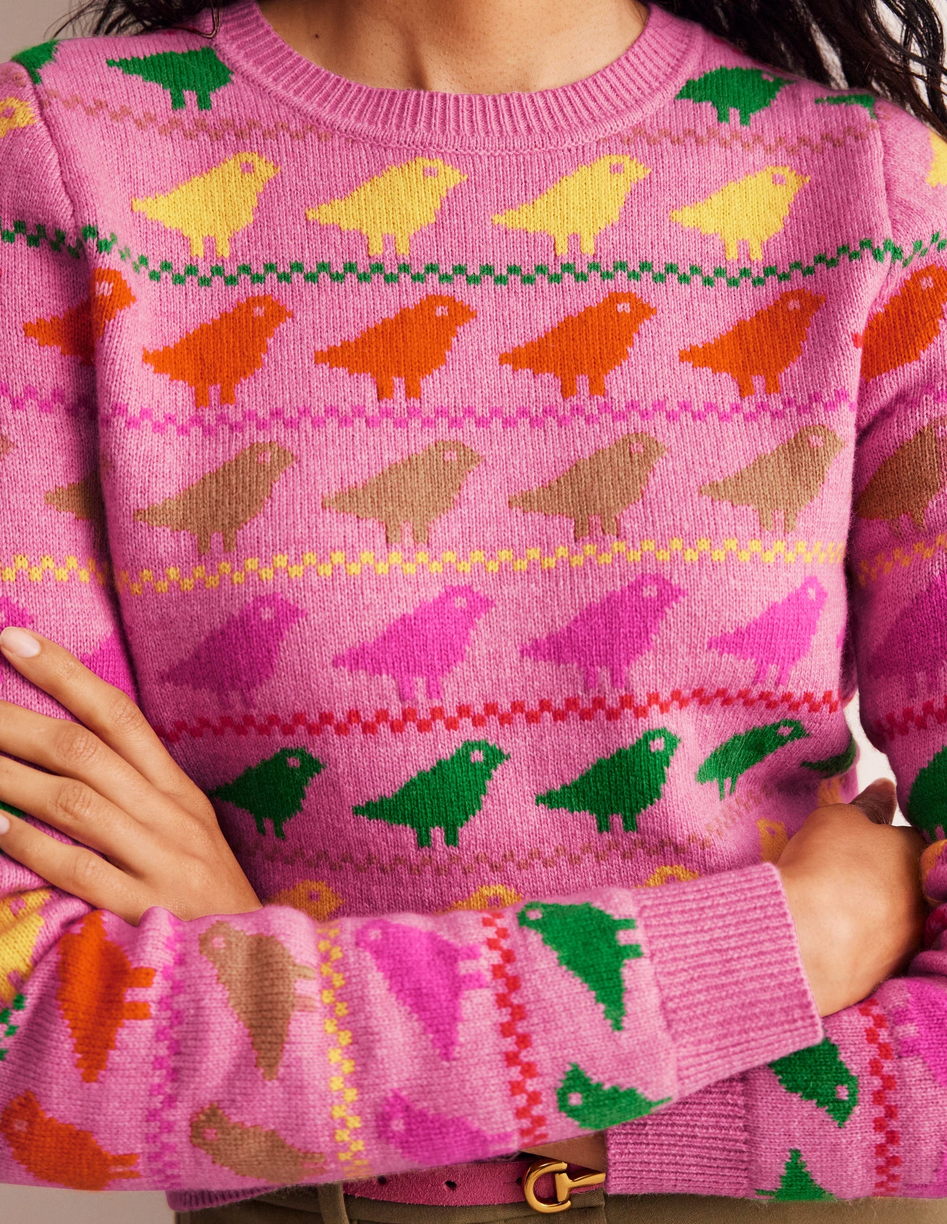 Edie Fair Isle Sweater-Pink Birds-2