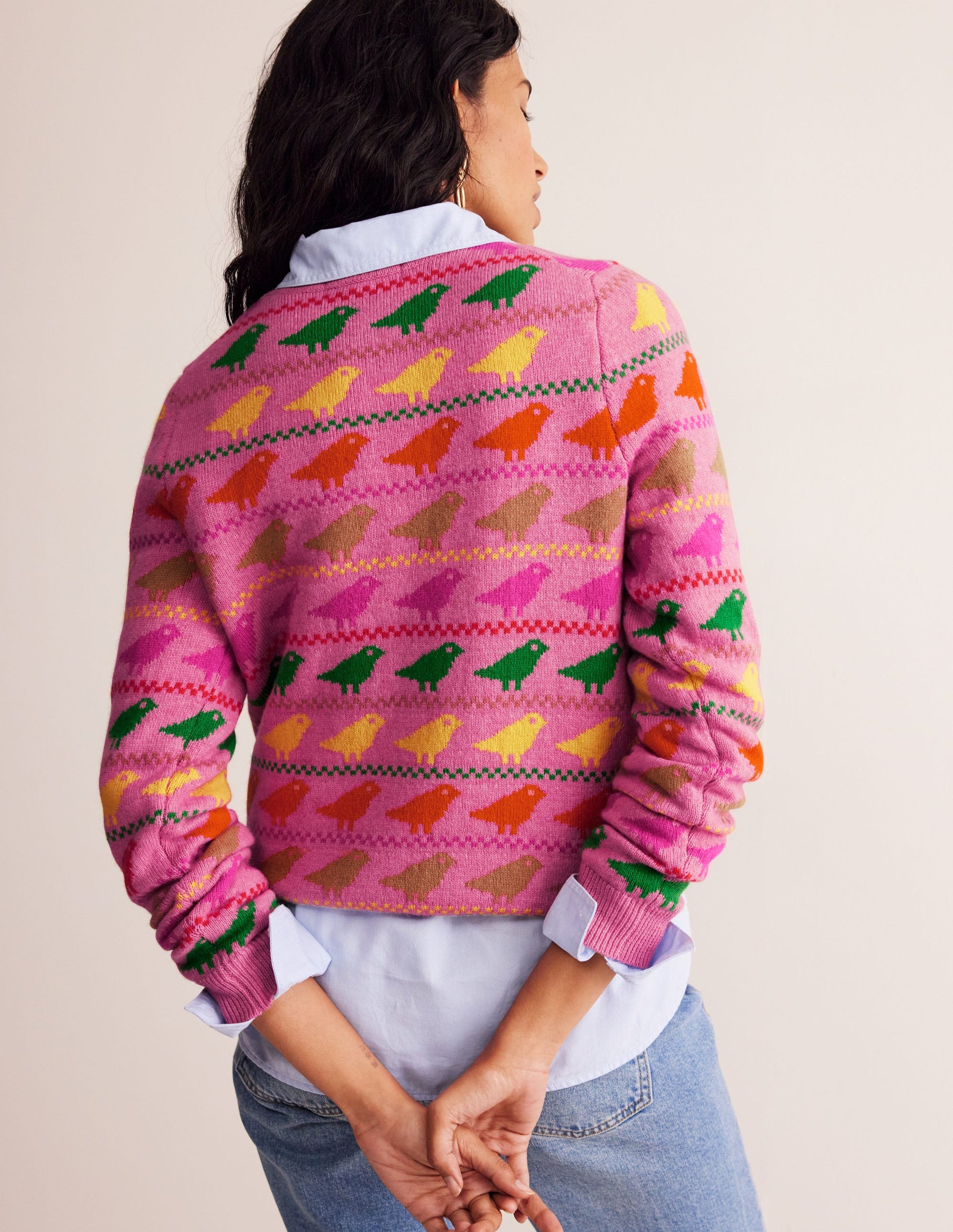 Edie Fair Isle Sweater-Pink Birds-3