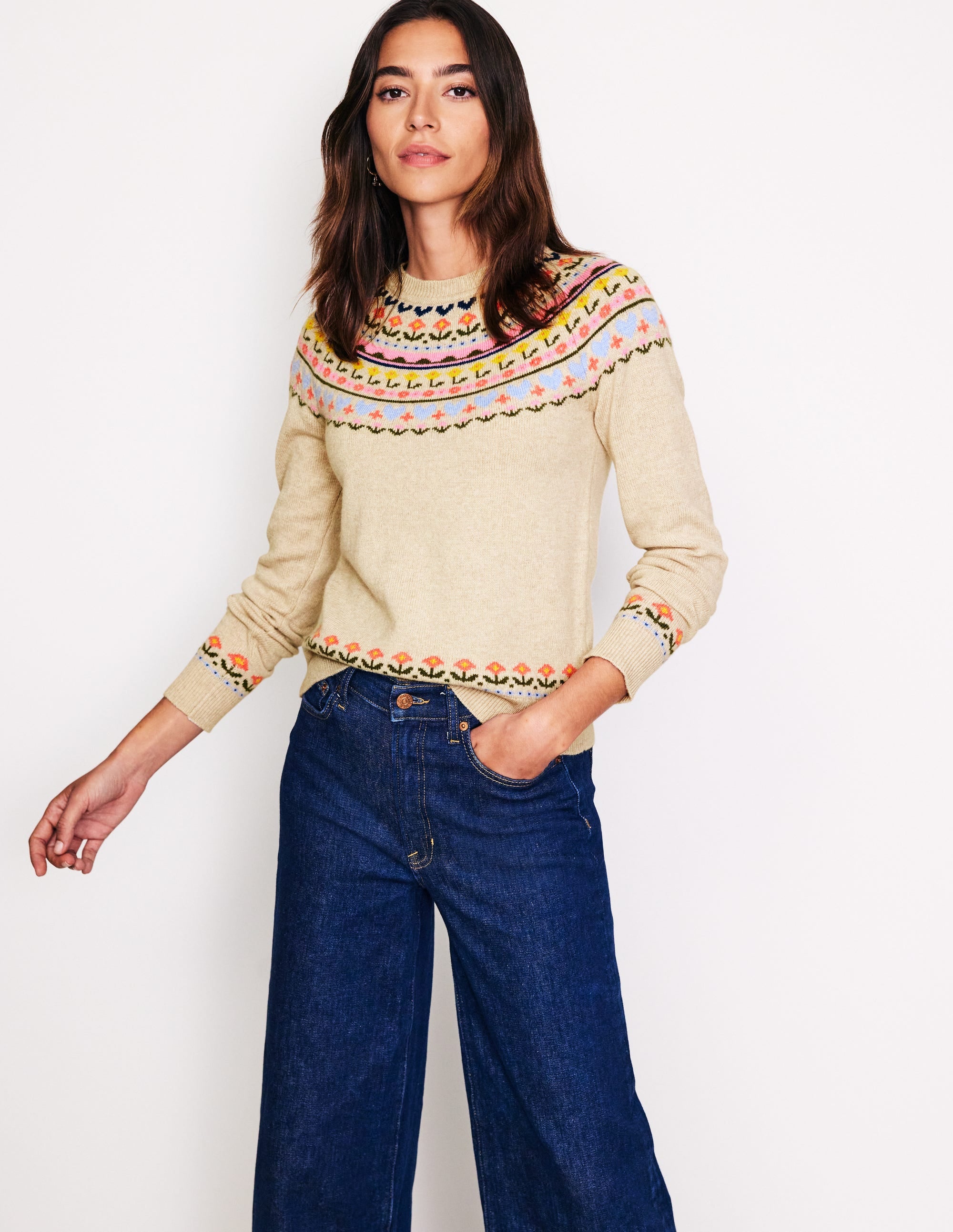 Edie Fair Isle Sweater-Oatmeal Melange, Heart Flower - Image 2