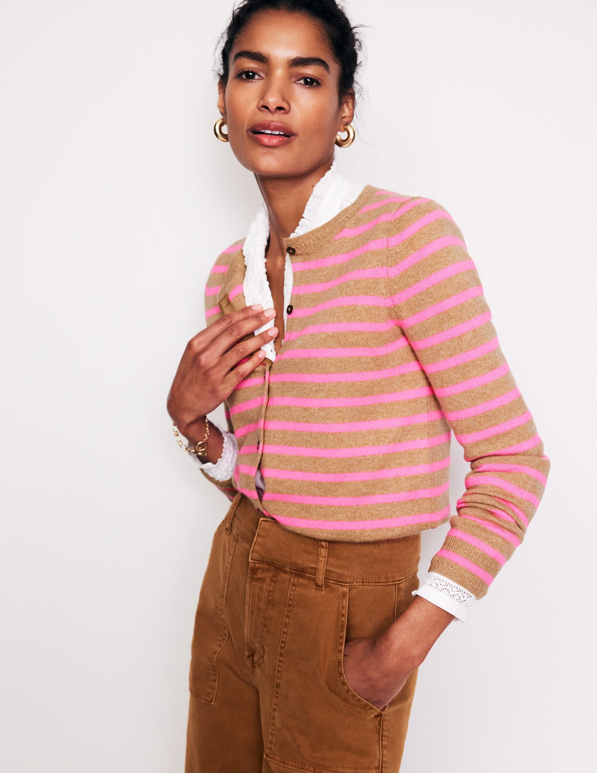 Eva Cashmere Crew Cardigan-Camel Melange/ Fluro Pink - Image 1