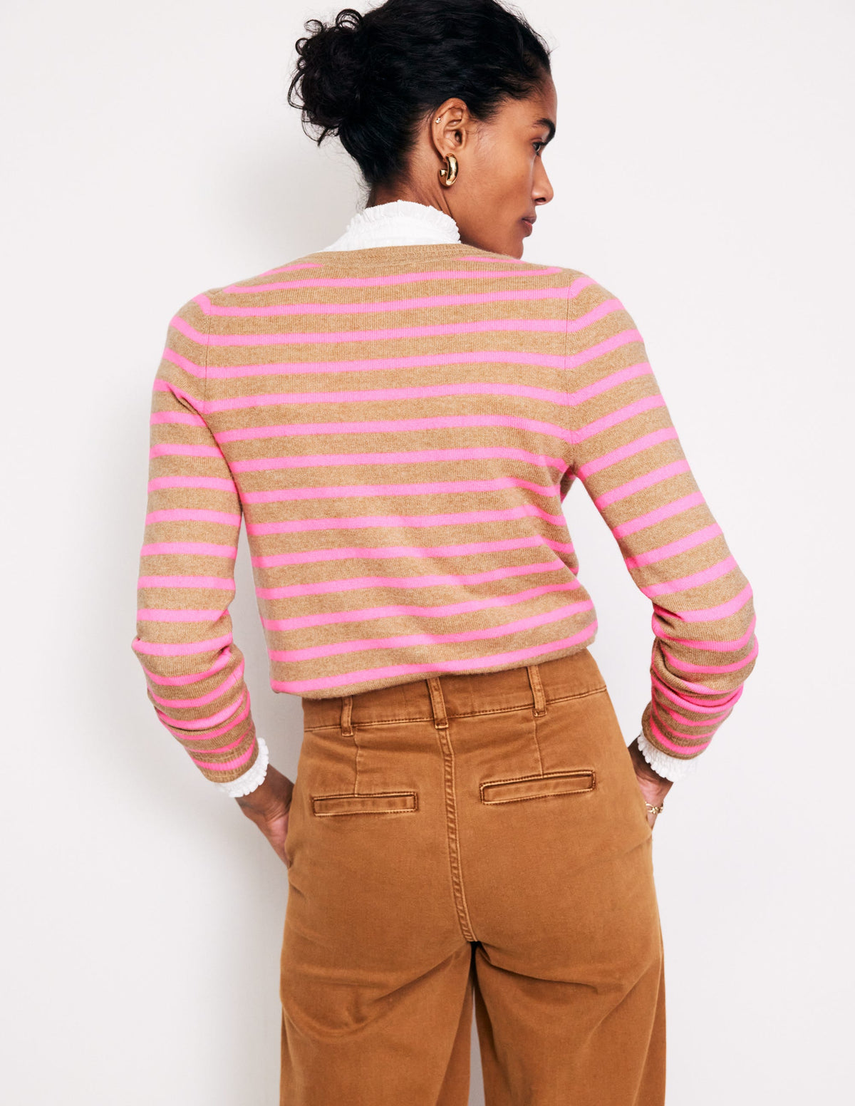Eva Cashmere Crew Cardigan-Camel Melange/ Fluro Pink - Image 3