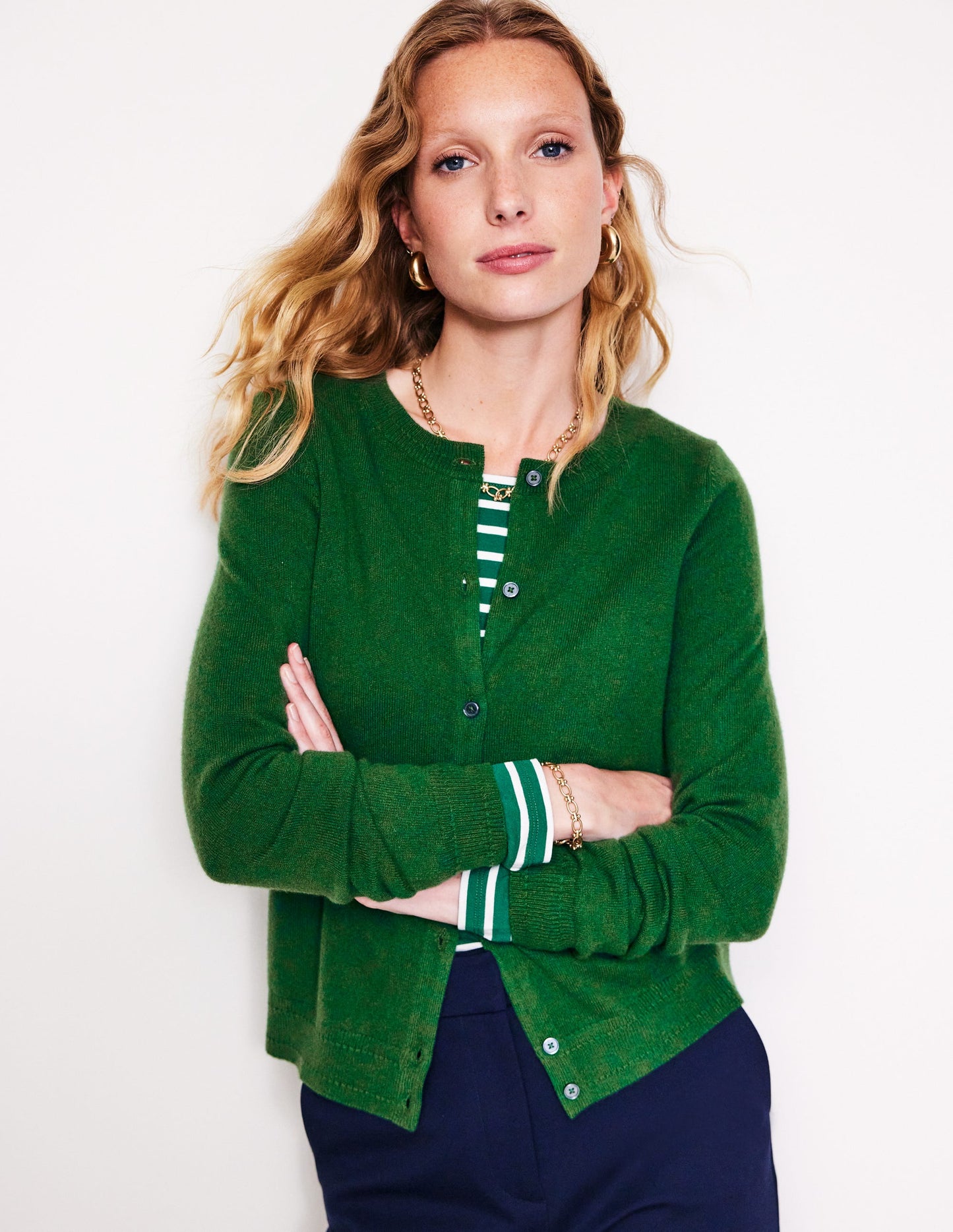 Eva Cashmere Crew Cardigan-Pine Green