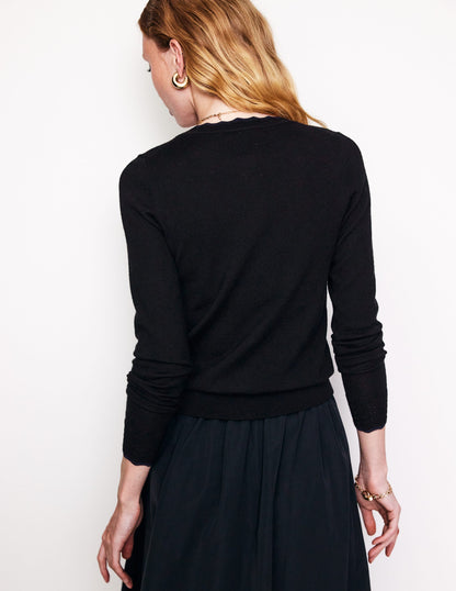 Merino Scalloped Cardigan-Black