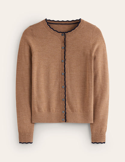 Merino Scalloped Cardigan-Camel Melange