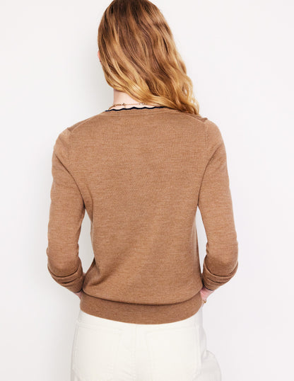 Merino Scalloped Cardigan-Camel Melange