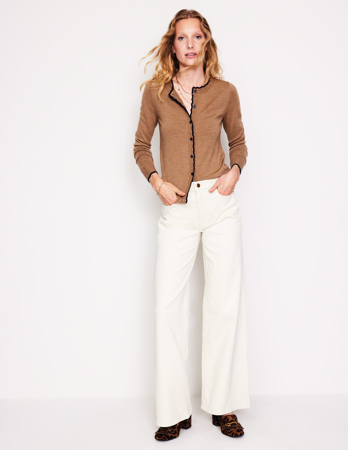 Merino Scalloped Cardigan-Camel Melange