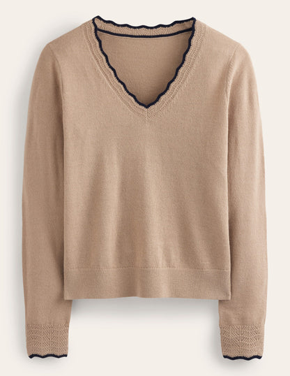 Merino Scallop V-Neck Sweater-Camel Melange