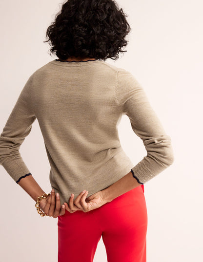 Merino Scallop V-Neck Sweater-Camel Melange