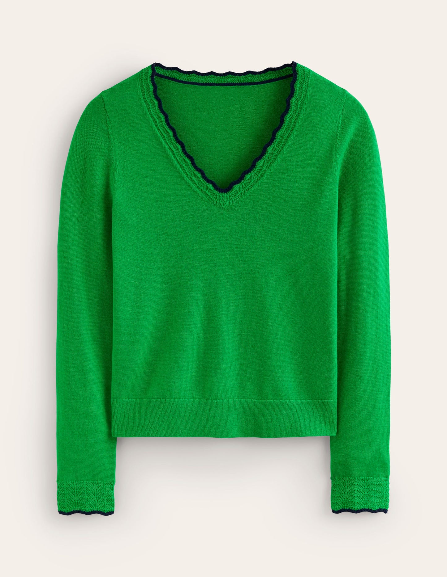 Merino Scallop V-Neck Sweater-Rich Emerald Green