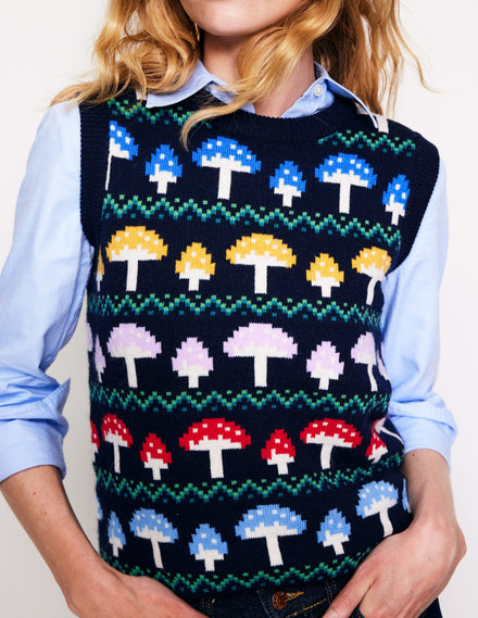 Edie Fair Isle Sweater Vest-Navy Mushroom