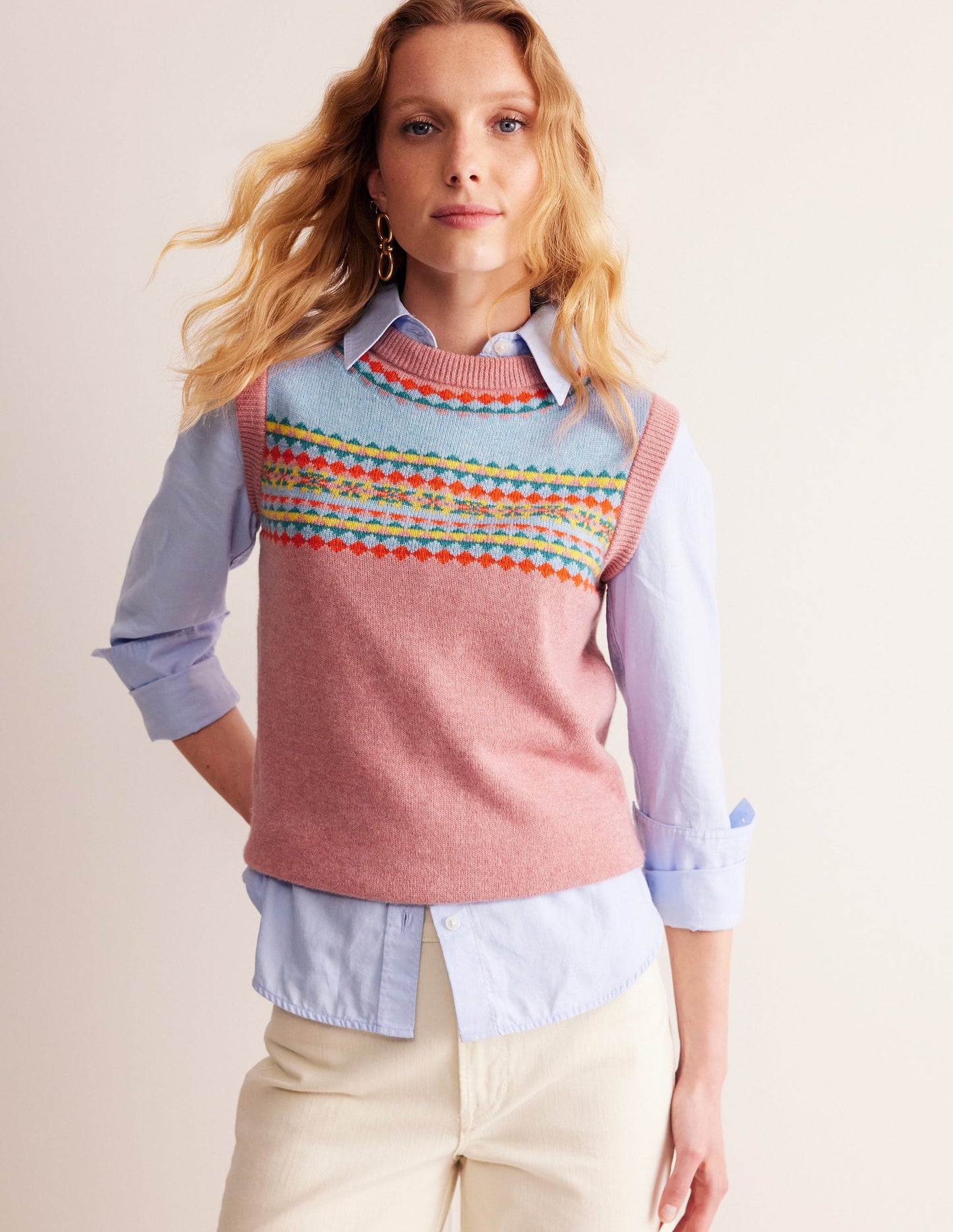 Edie Fair Isle Sweater Vest-Pink Fair Isle