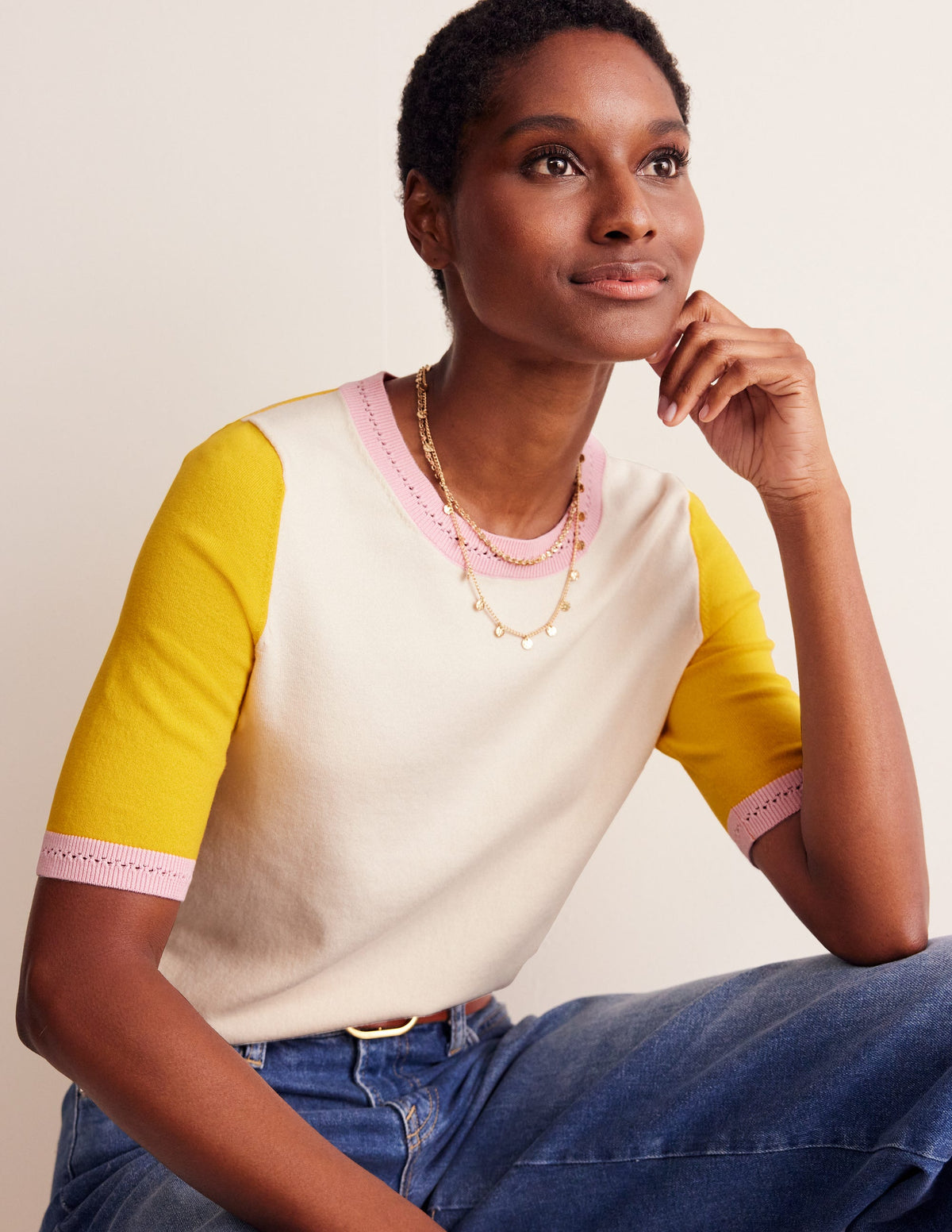 Catriona Cotton Crew T-shirt-Warm Ivory/ Mimosa Yellow - Image 1