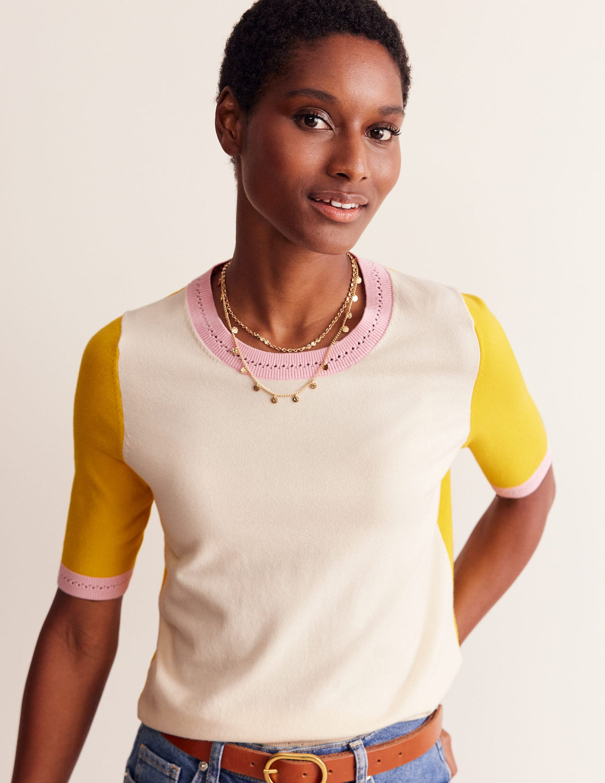 Catriona Cotton Crew T-shirt-Warm Ivory/ Mimosa Yellow-5