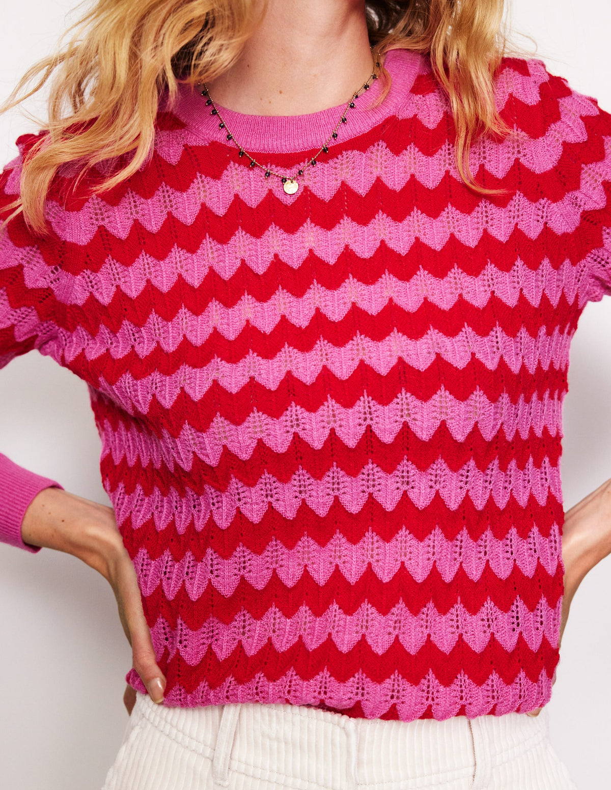 Fluffy Diagonal Stripe Sweater-Pink/ Red-2