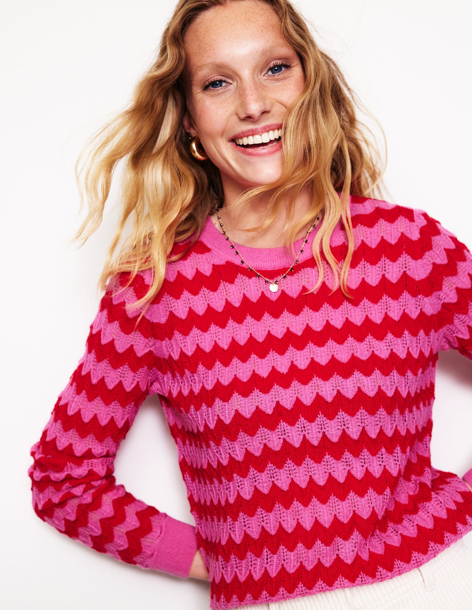 Fluffy Diagonal Stripe Sweater-Pink/ Red-4