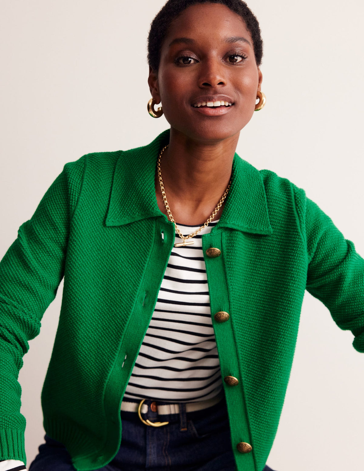 Collared Knitted Cardigan-Rich Emerald Green-1